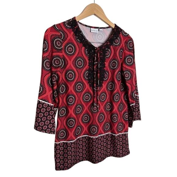 Kim Rogers Tunic Size Small Round Neck Womens Red Black Floral Pattern - Picture 3 of 8